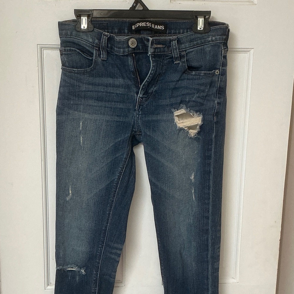 Express Dark Blue Distressed Skinny Jeans